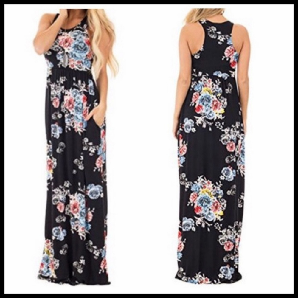 Maxi Dress Black Floral, Pockets XL, NWT